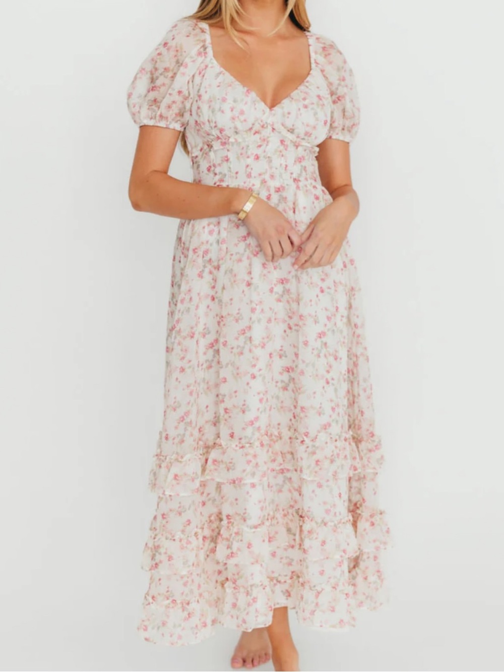 Cream Maxi Dress with Pink Floral Print and Puff Sleeves
